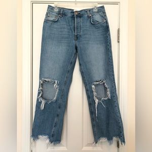 Free People We the Free Maggie Mid-Rise Straight-Leg Jeans Size 28 Chewed Hem